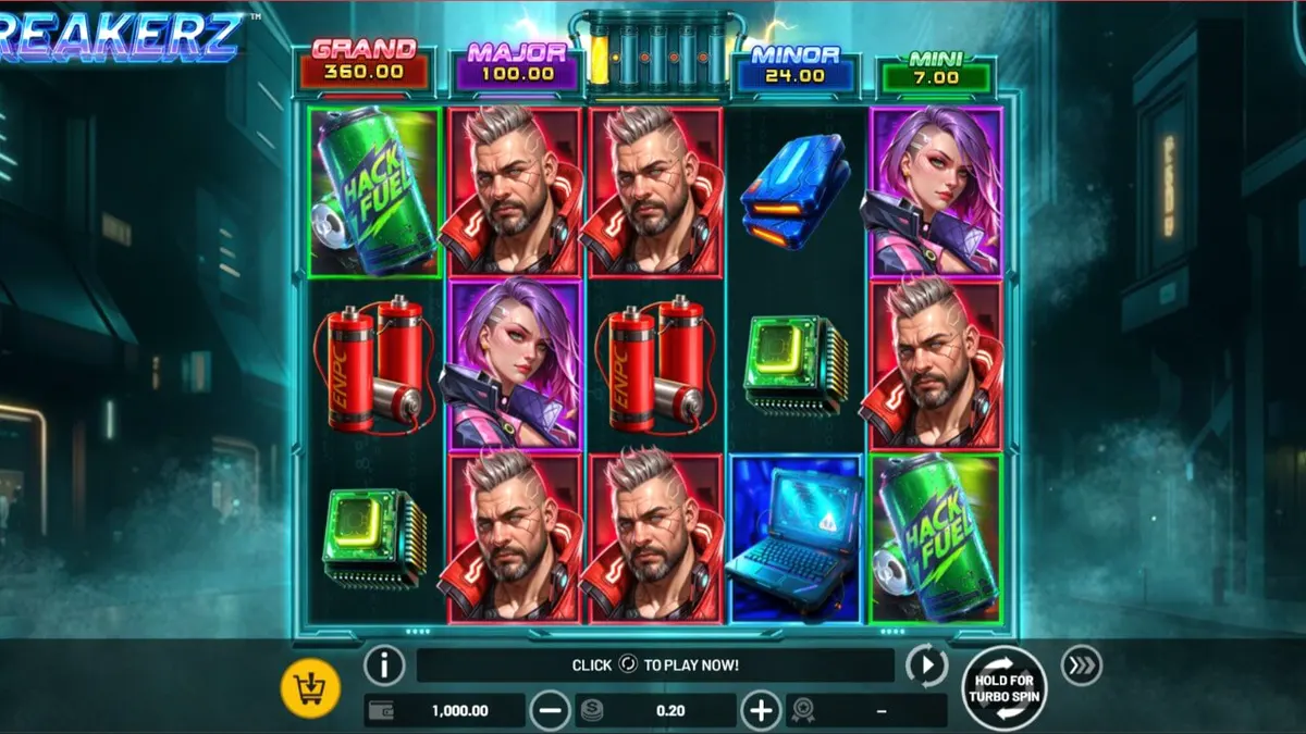 Tampilan visual futuristik dan neon dari slot Breakerz oleh Betsoft