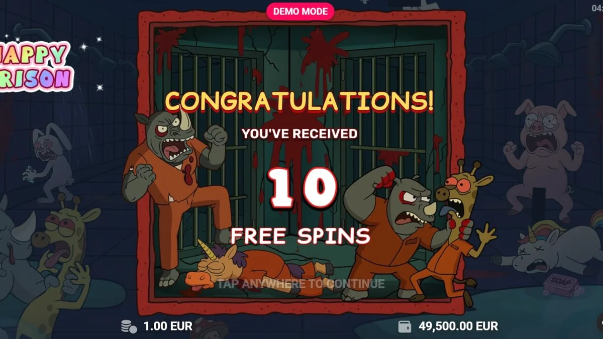 Tampilan visual slot Happy Prison dengan karakter kartun di balik jeruji besi