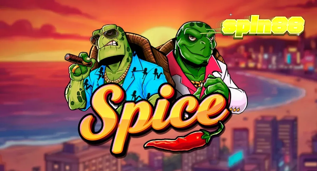 Tampilan layar permainan slot Spice dengan estetika neon dan kura-kura bergaya rebel